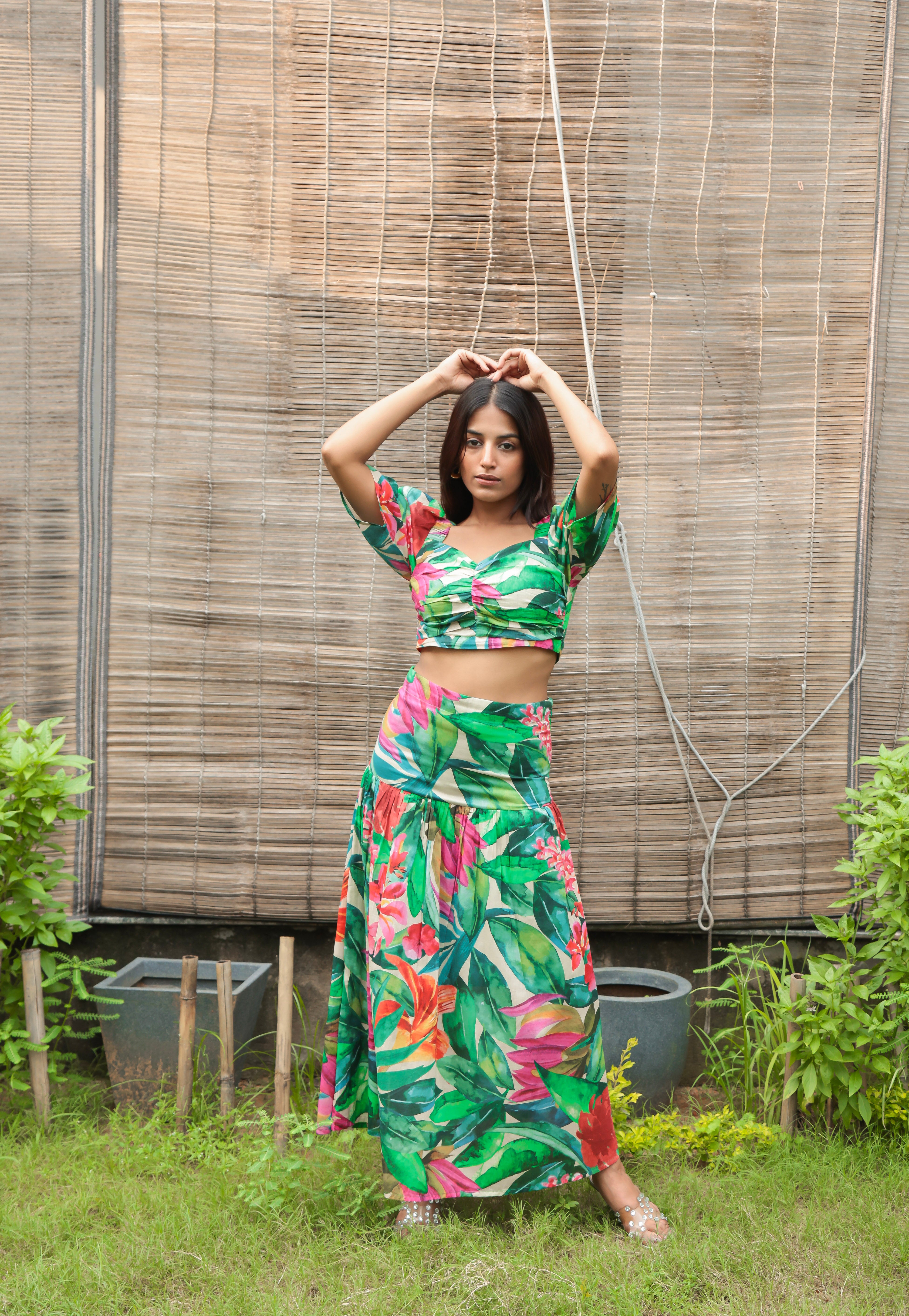 Stylish look of Leaves & Floral crop top and Skirt