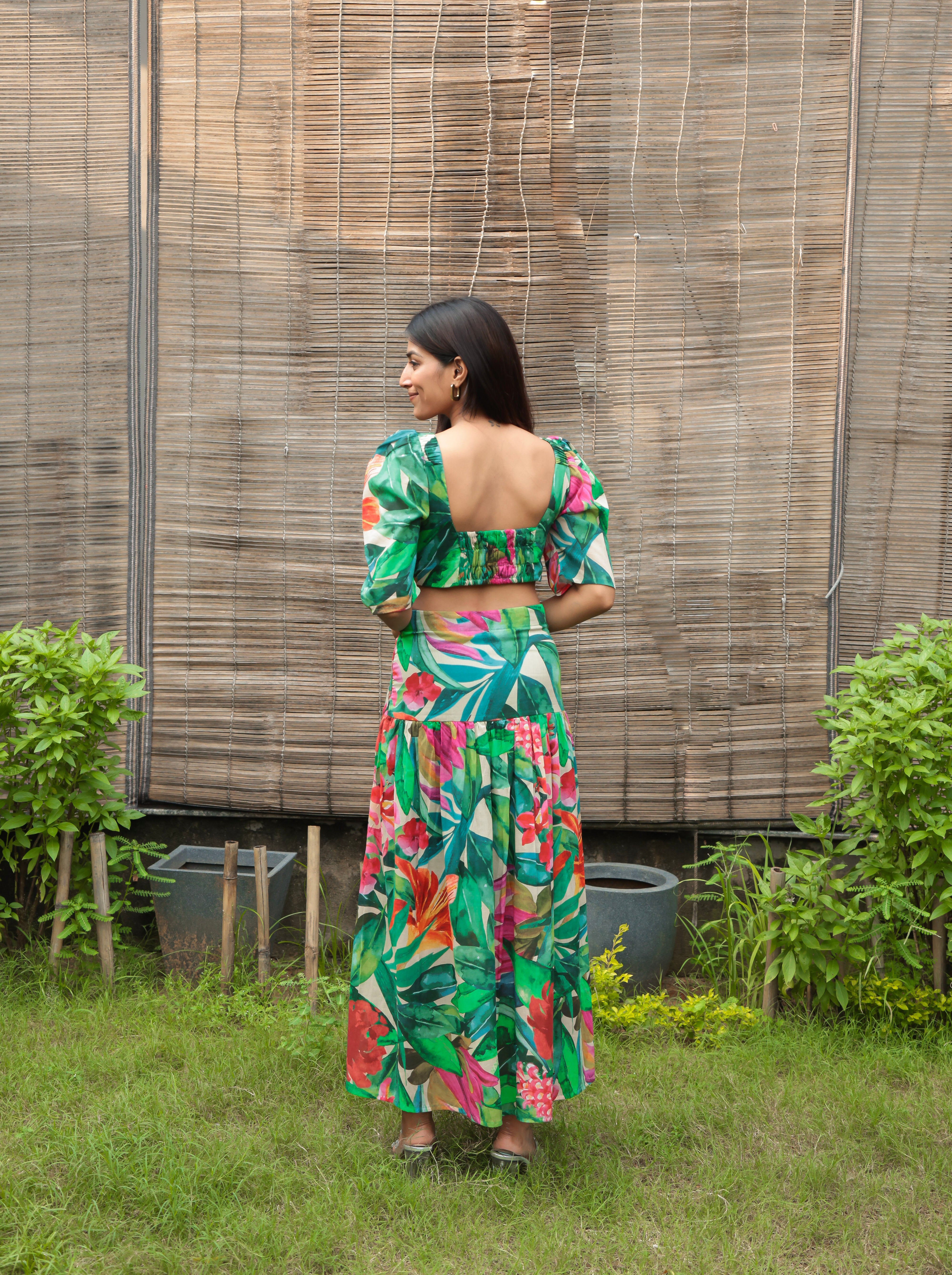 Back side look of Leaves & Floral crop top and Skirt