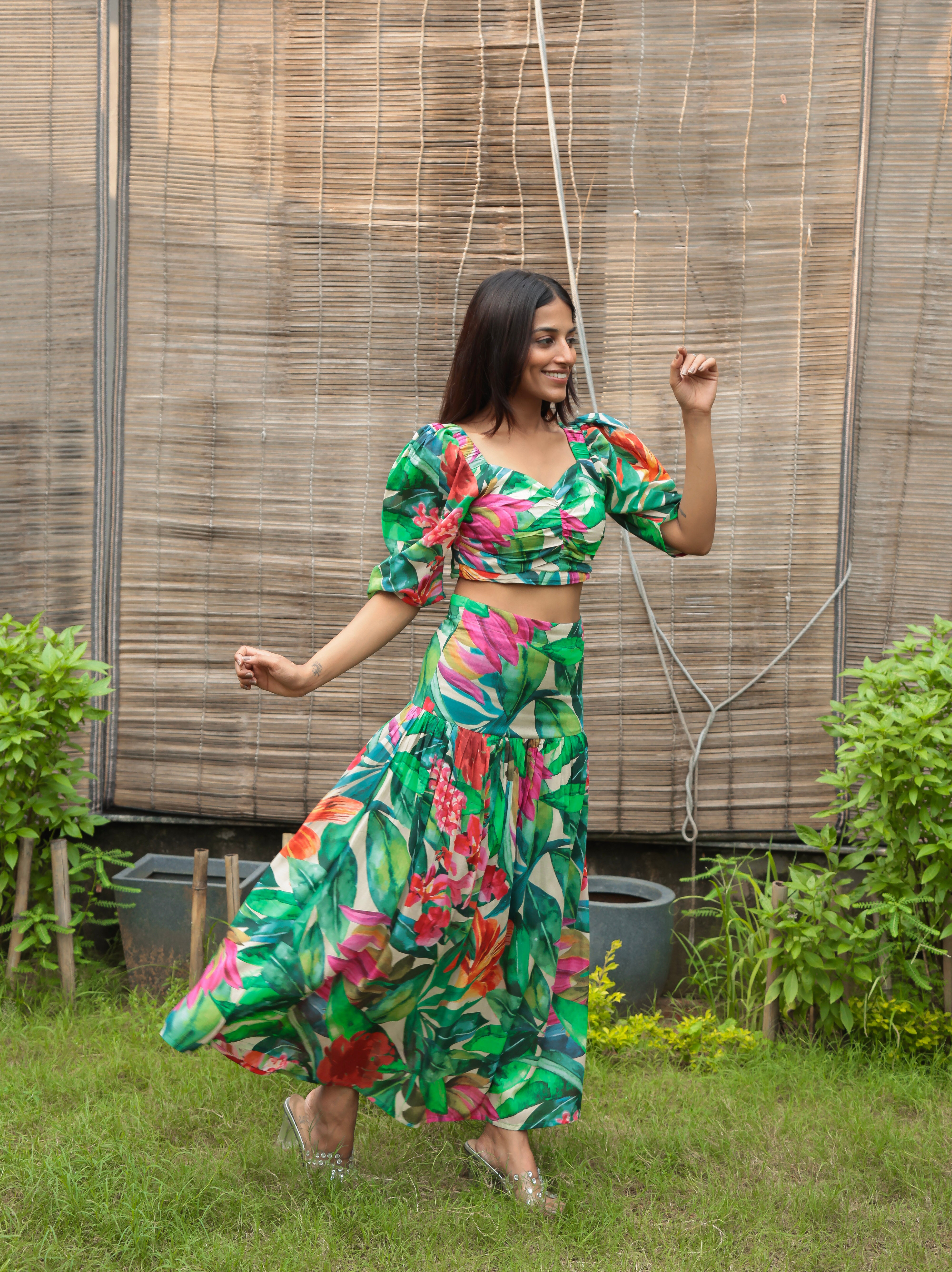 Side look of Leaves & Floral crop top and Skirt