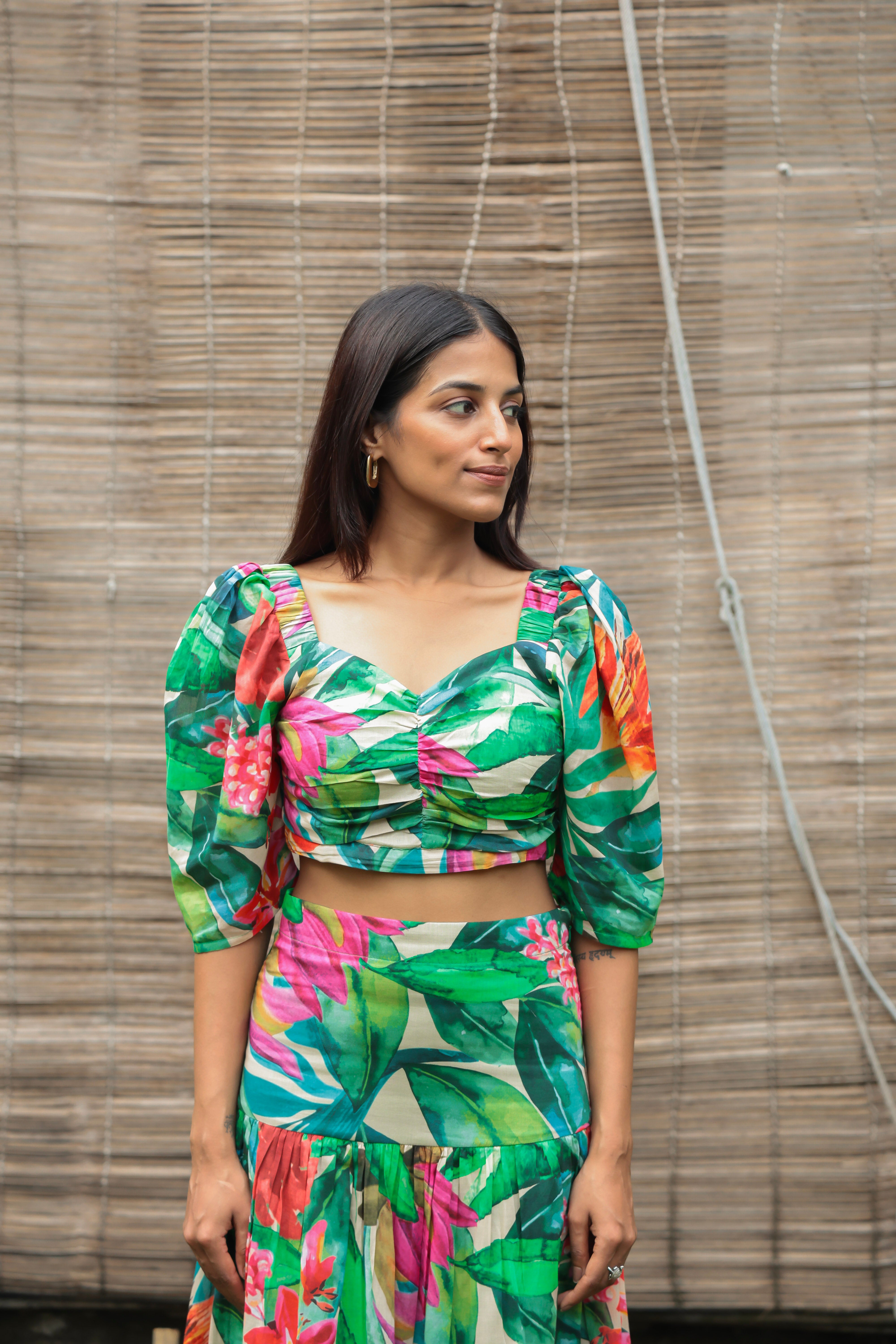 Upper wear look of Leaves & Floral crop top 