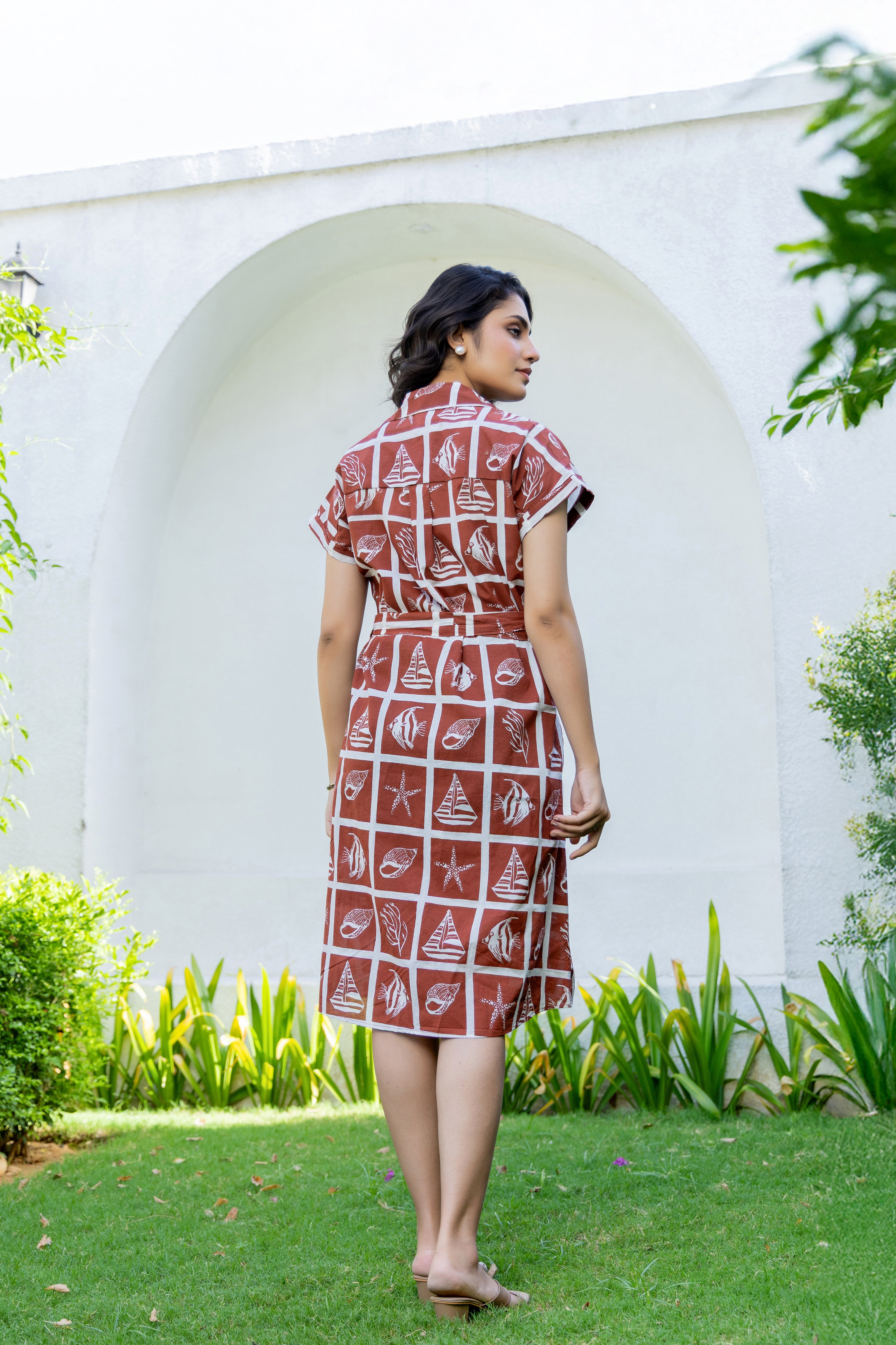 Brown Beach Print Cotton Shirt Midi Dress – Summer & Vacation Wear | Rang Kasturi
