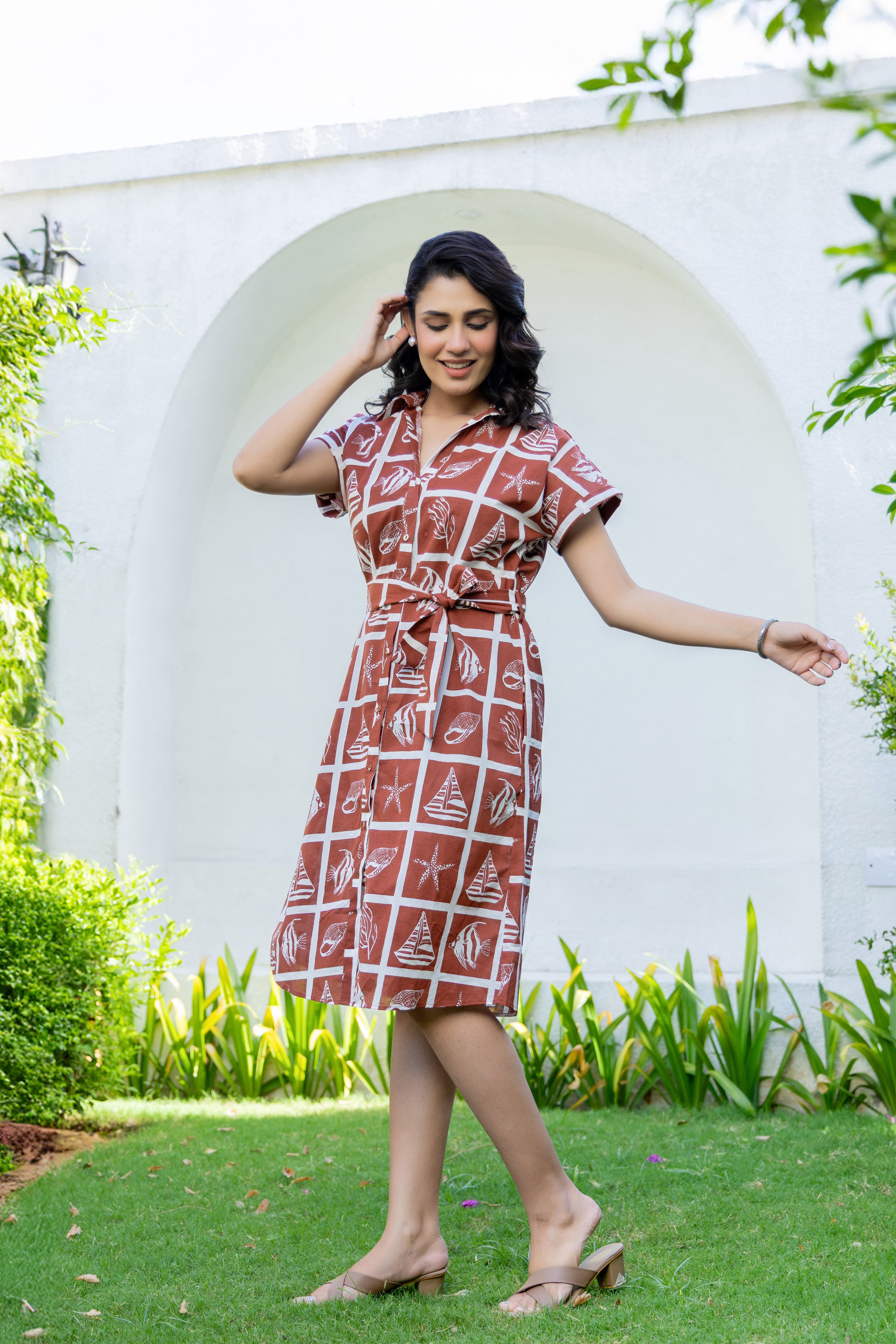 Brown Beach Print Cotton Shirt Midi Dress – Summer & Vacation Wear | Rang Kasturi