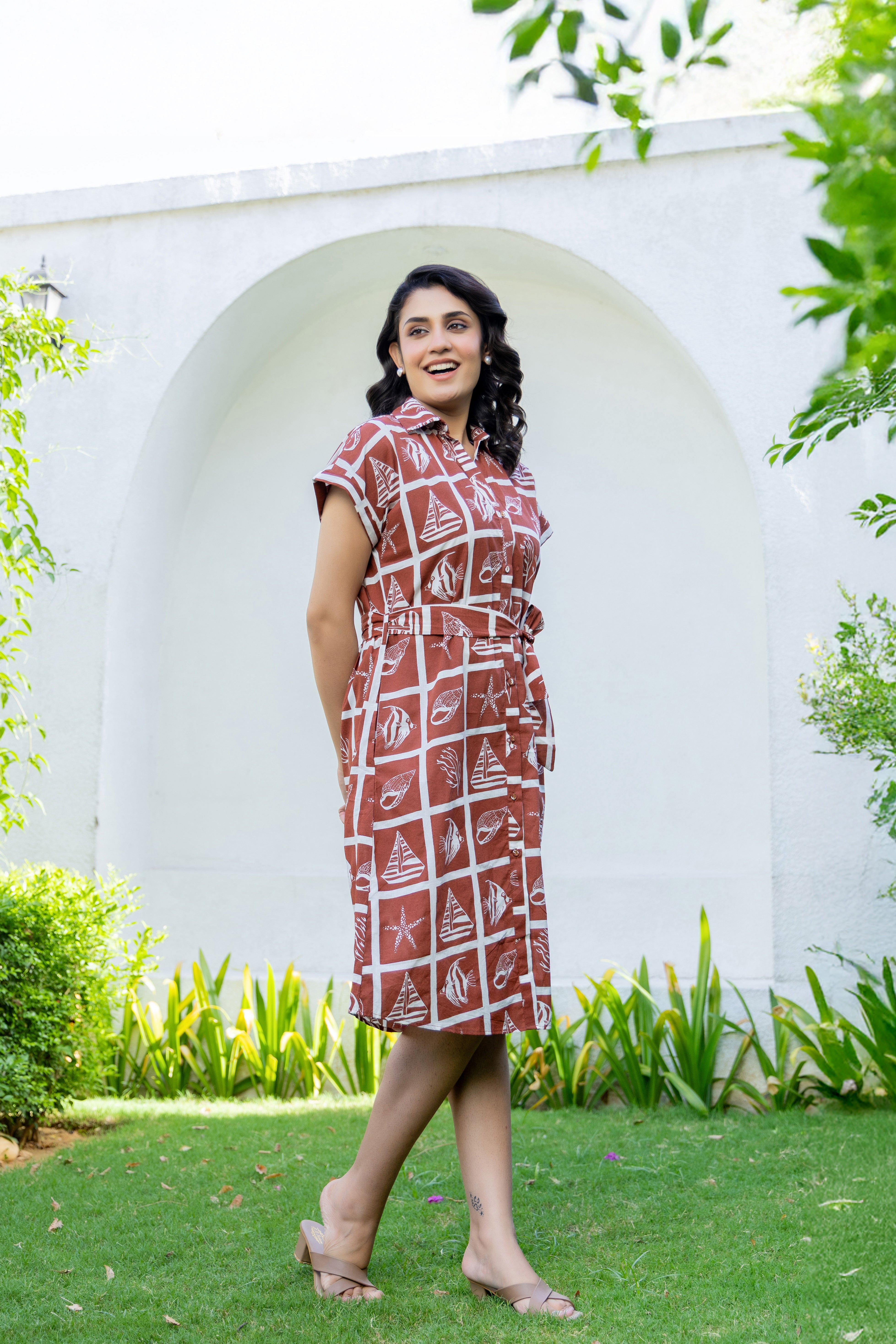 Brown Beach Print Cotton Shirt Midi Dress – Summer & Vacation Wear | Rang Kasturi
