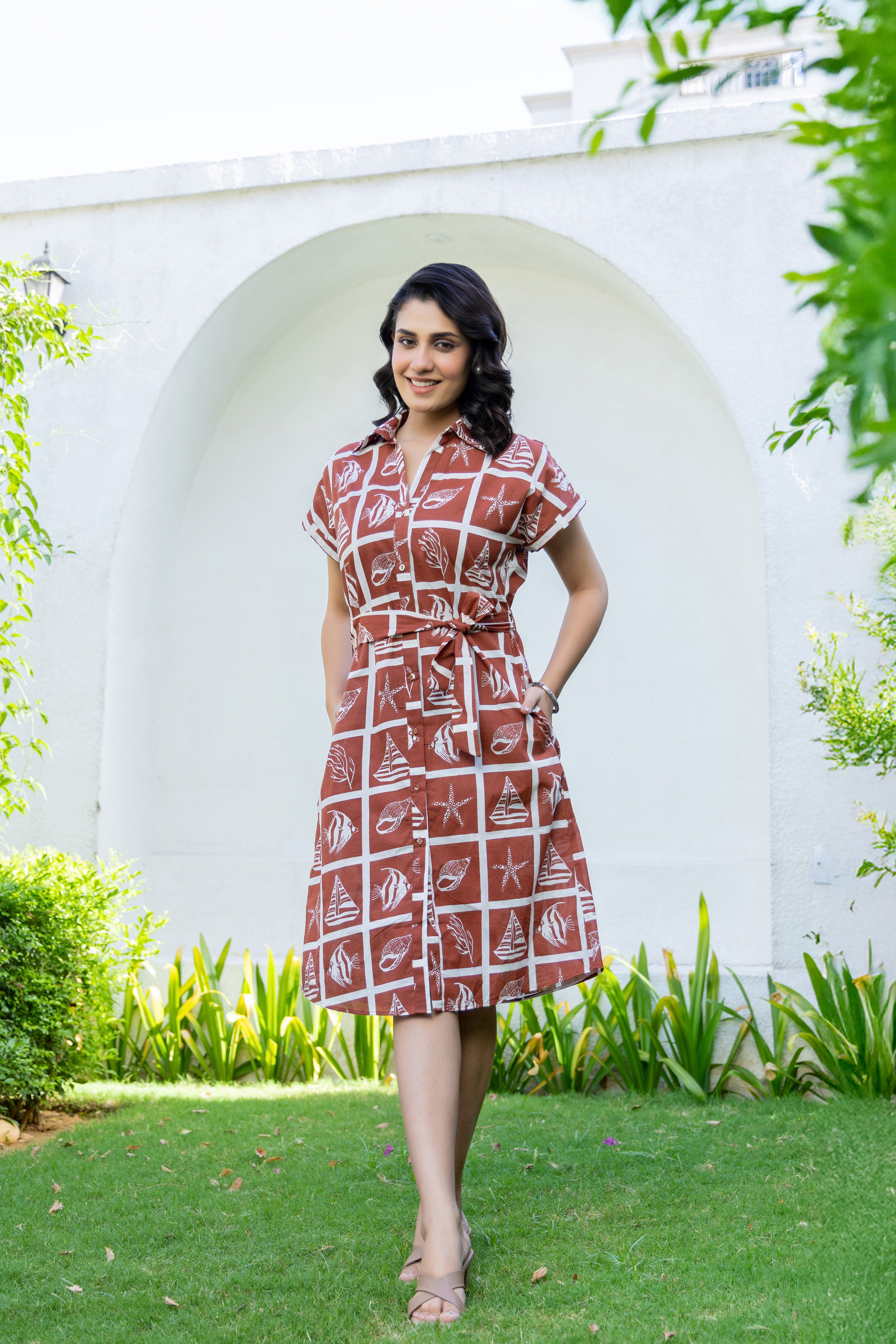 Brown Beach Print Cotton Shirt Midi Dress – Summer & Vacation Wear | Rang Kasturi