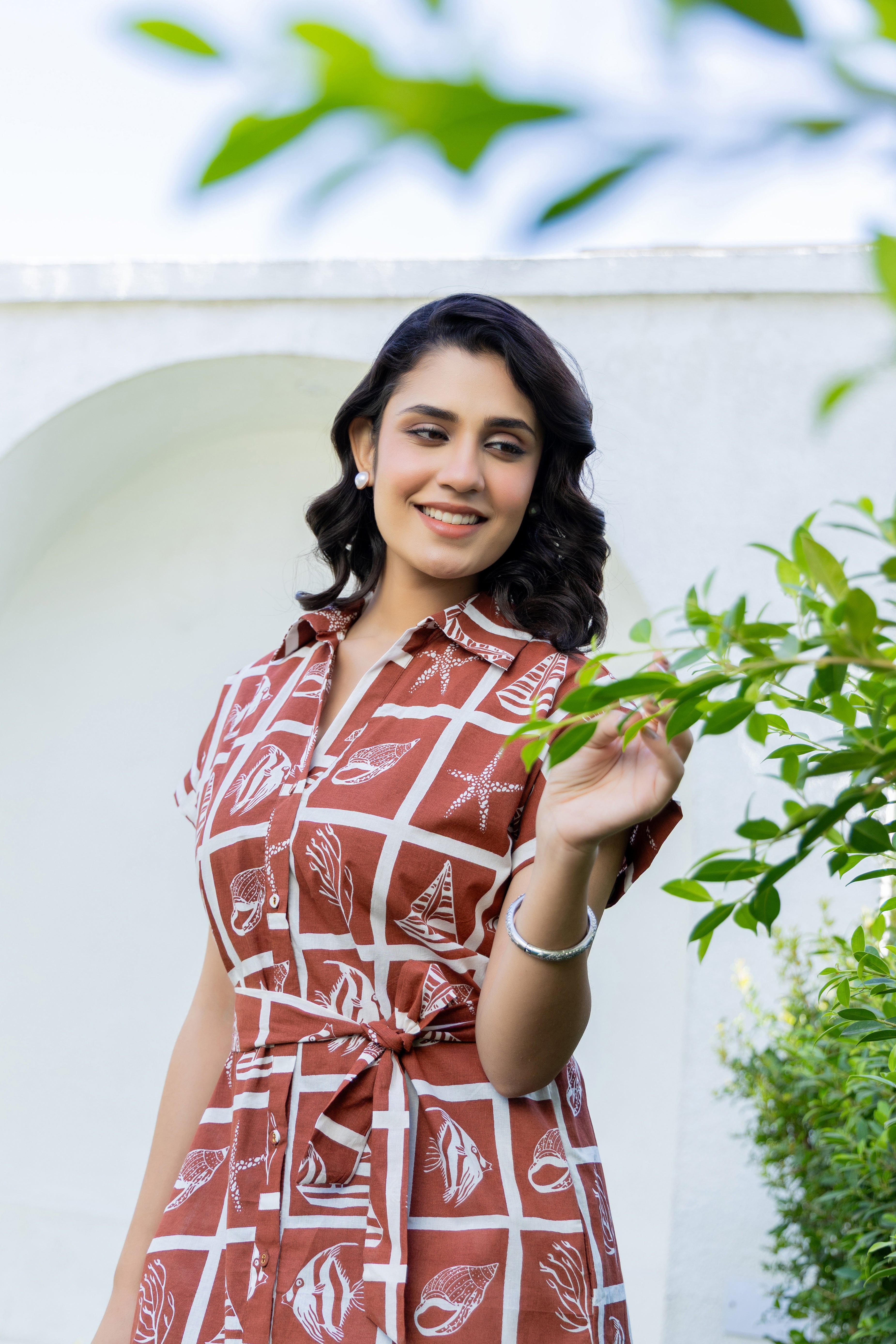 Brown Beach Print Cotton Shirt Midi Dress – Summer & Vacation Wear | Rang Kasturi