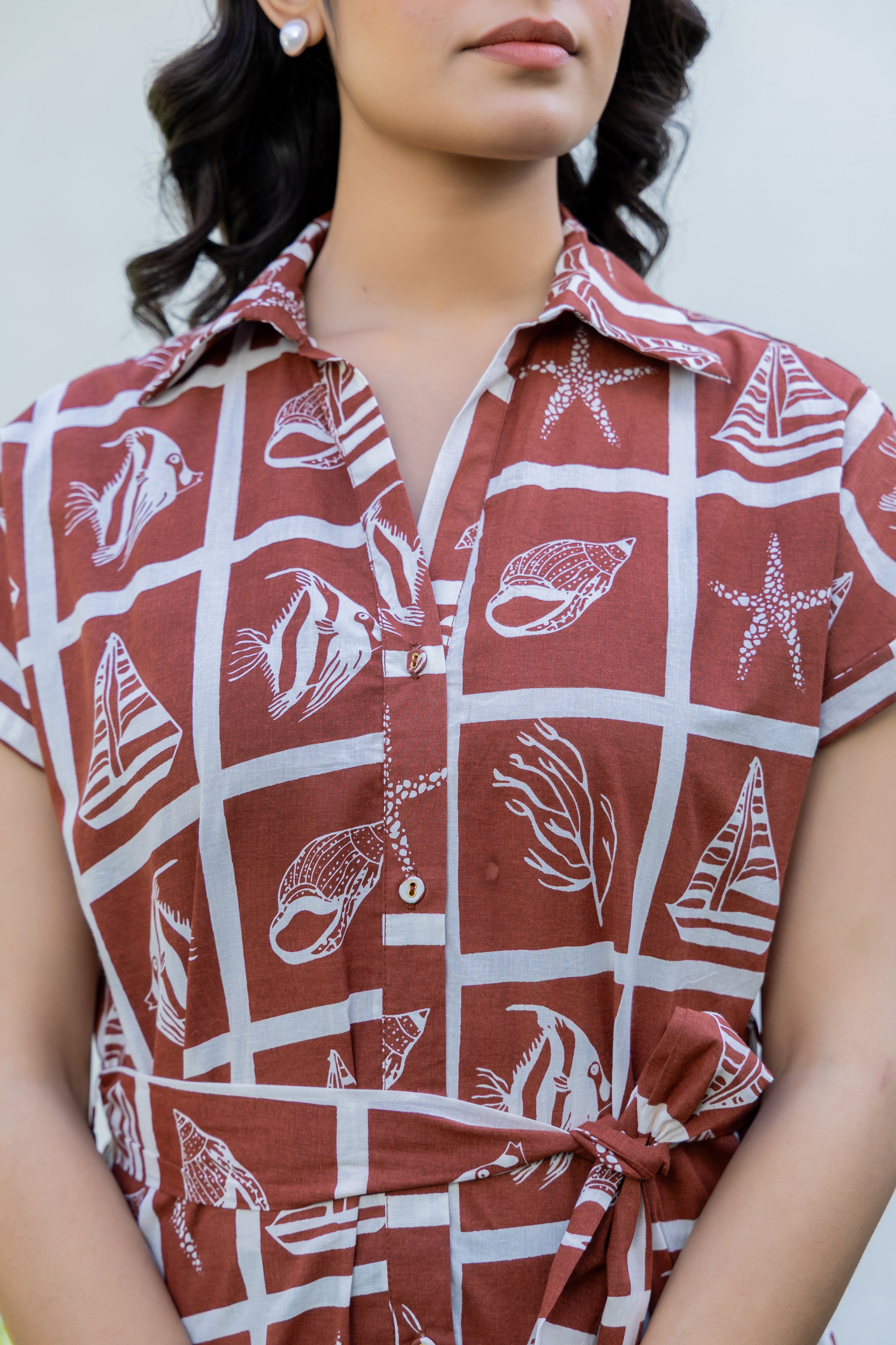 Brown Beach Print Cotton Shirt Midi Dress – Summer & Vacation Wear | Rang Kasturi
