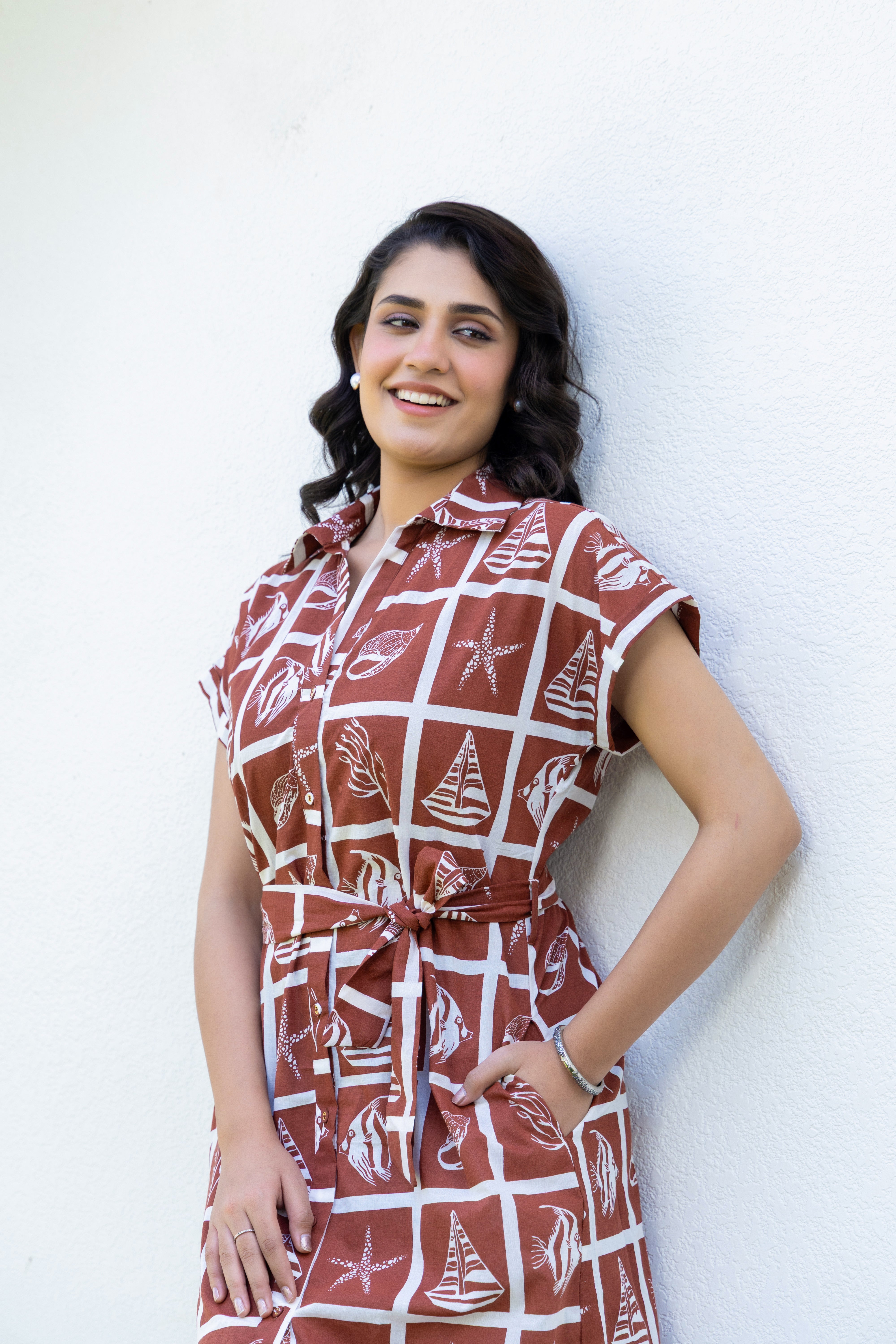 Brown Beach Print Cotton Shirt Midi Dress – Summer & Vacation Wear | Rang Kasturi