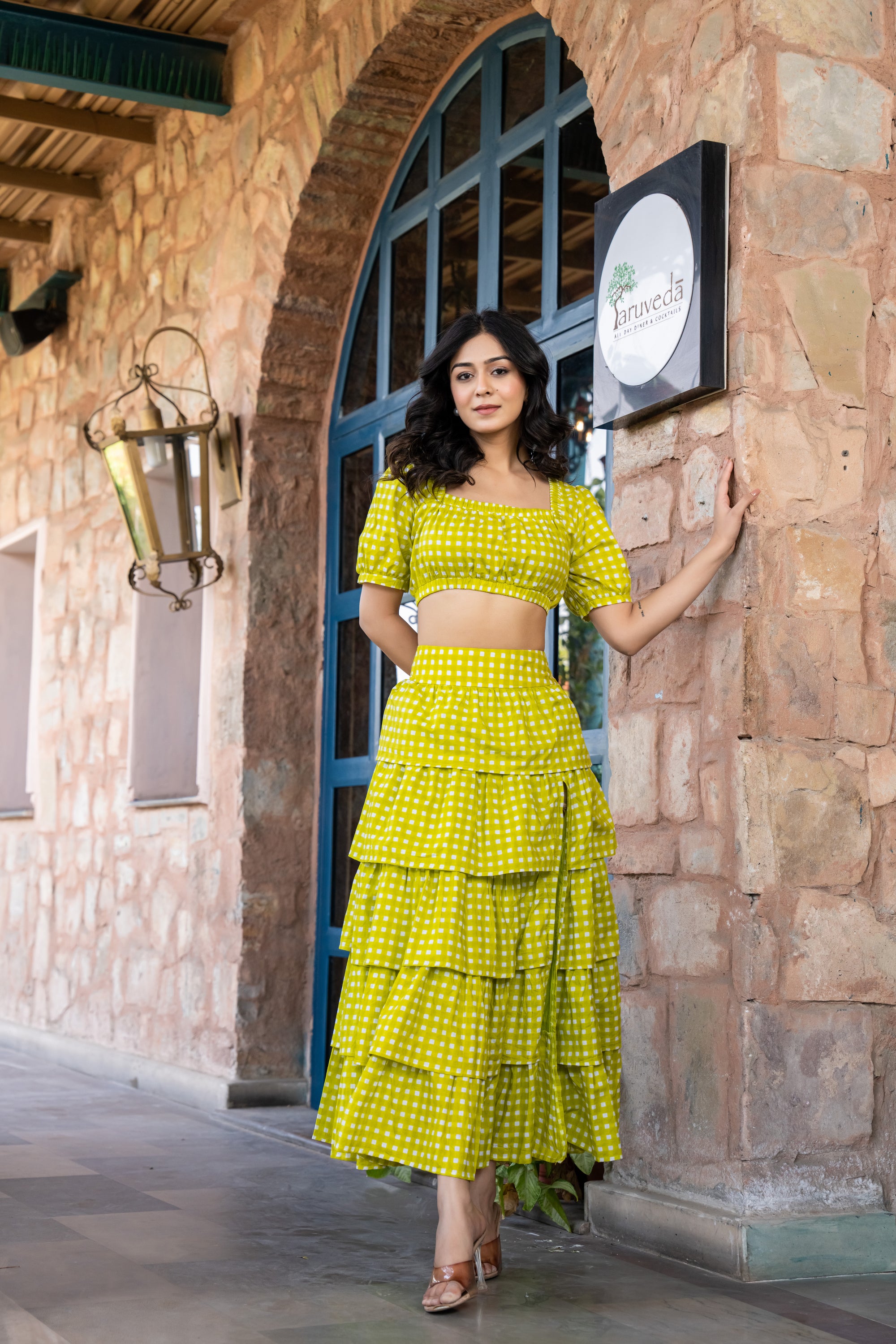Lime green handprinted coord set with crop top and ruffle skirt