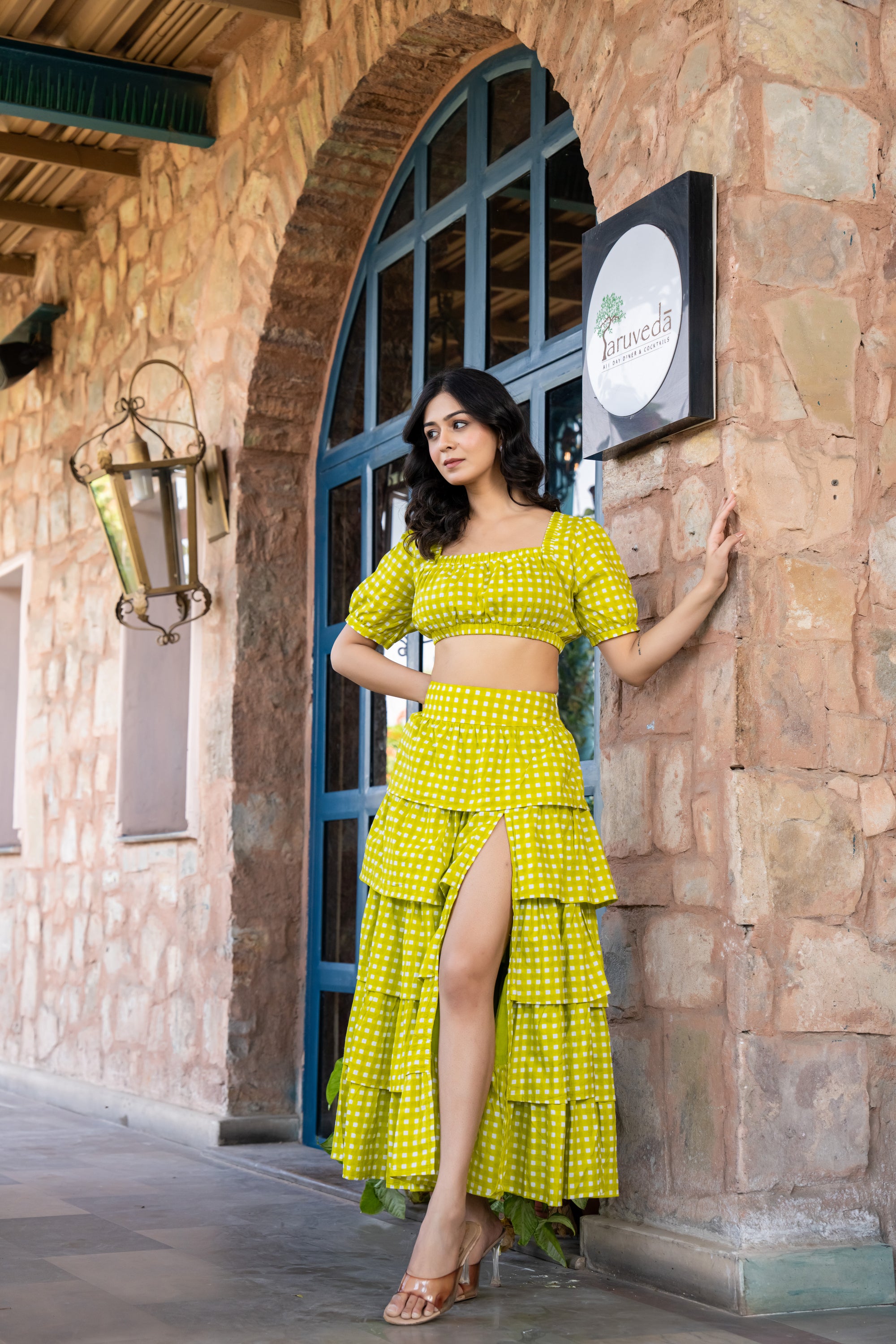 Tie-up back crop top and layered slit skirt in handprinted checks