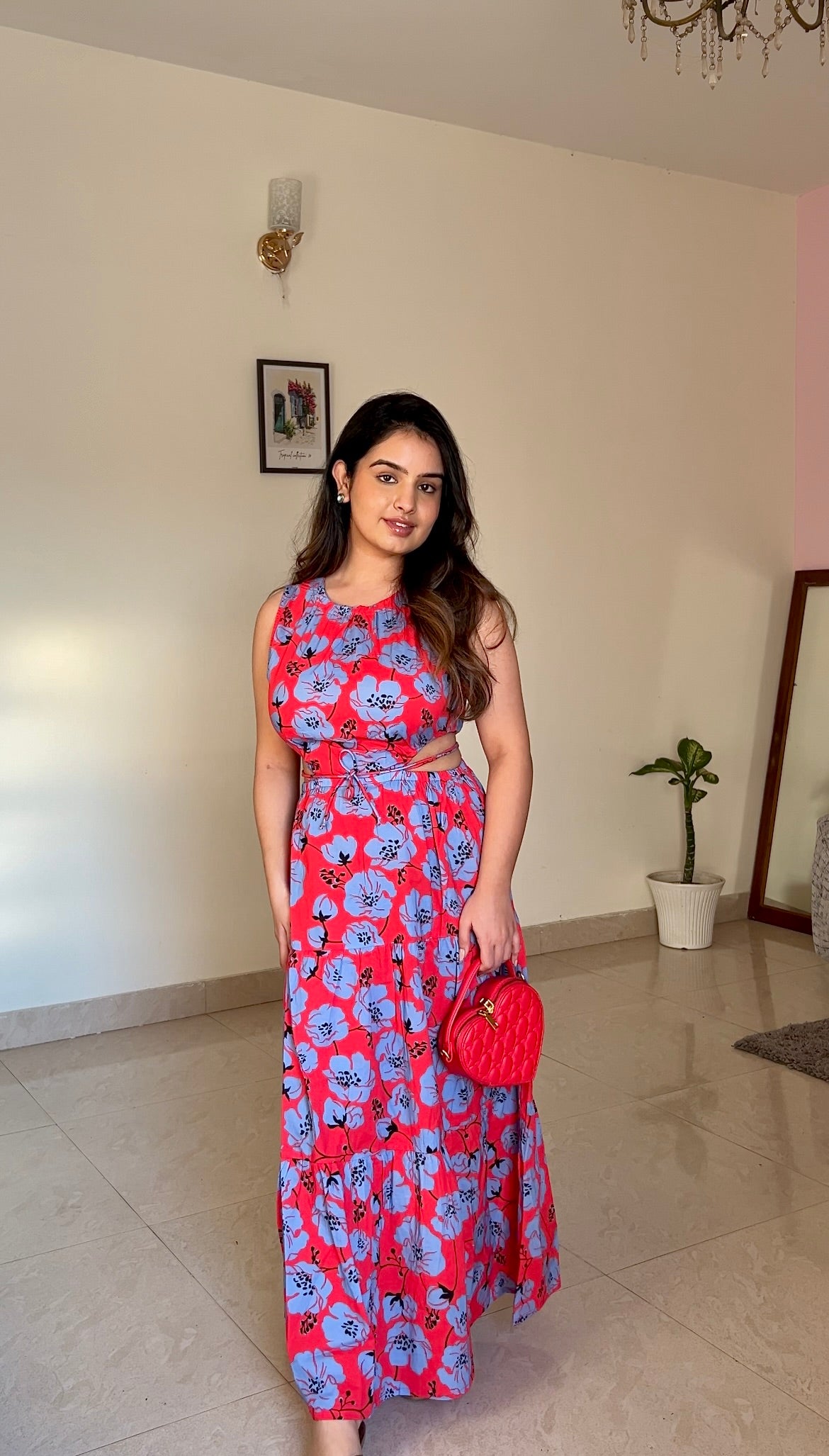 Red Cotton Maxi Dress with Blue Floral Print & Waist Cut-Out – Glamorous & Comfortable