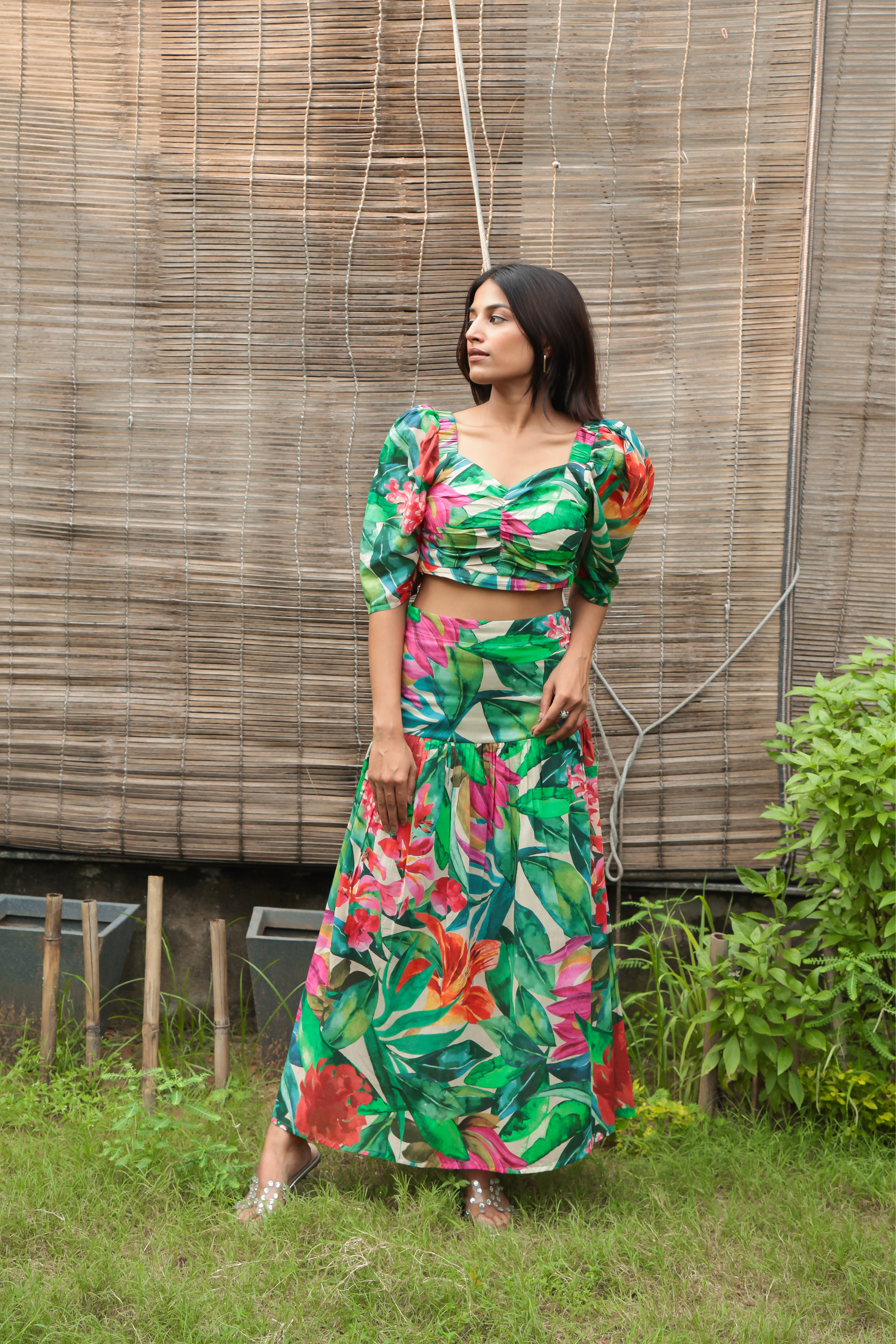 Full view of Leaves & Floral crop top and Skirt