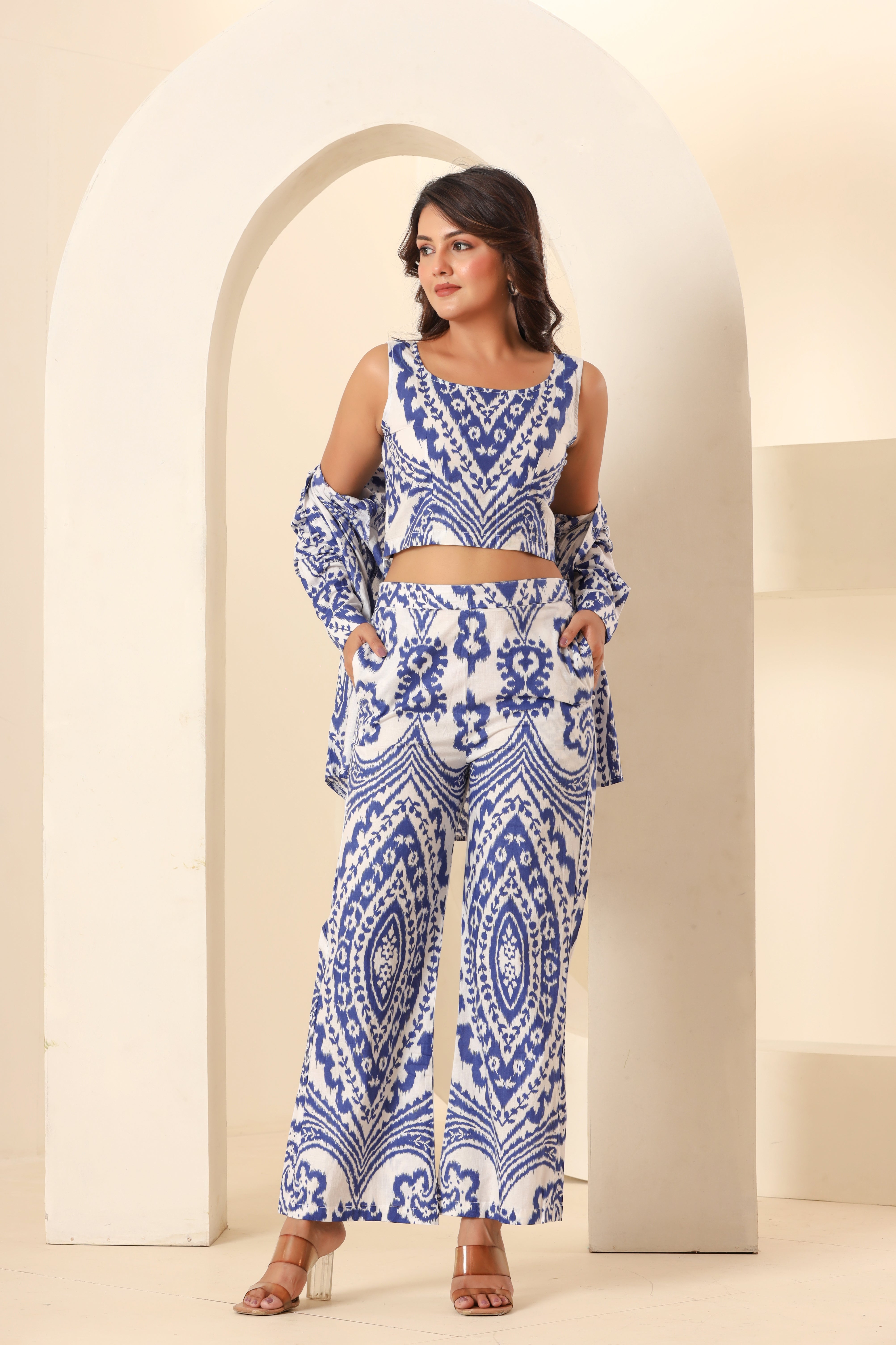 Front look of Indigo three piece co-ord set